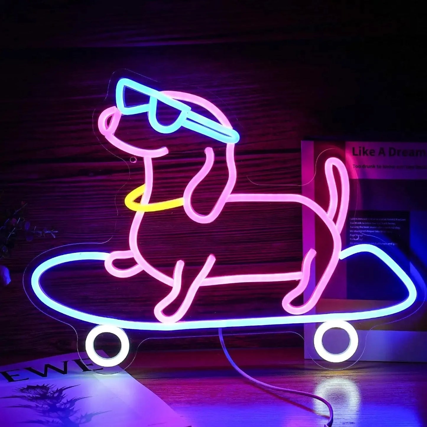Santa Dachshund Neon Sign Pink Dachshund with Skateboard The Doxie World