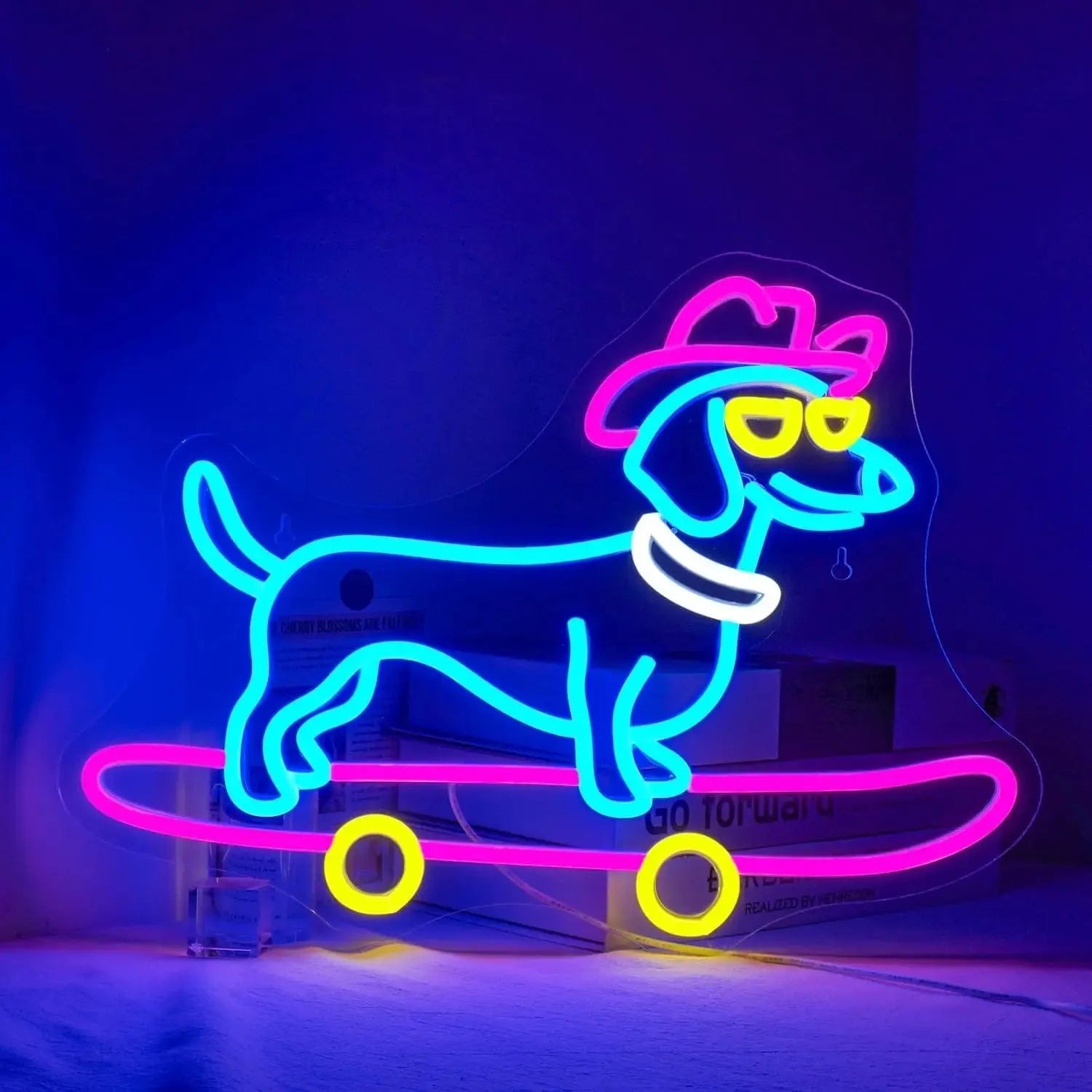 Christmas Dachshund Neon Sign Blue Dachshund  with Skateboard The Doxie World