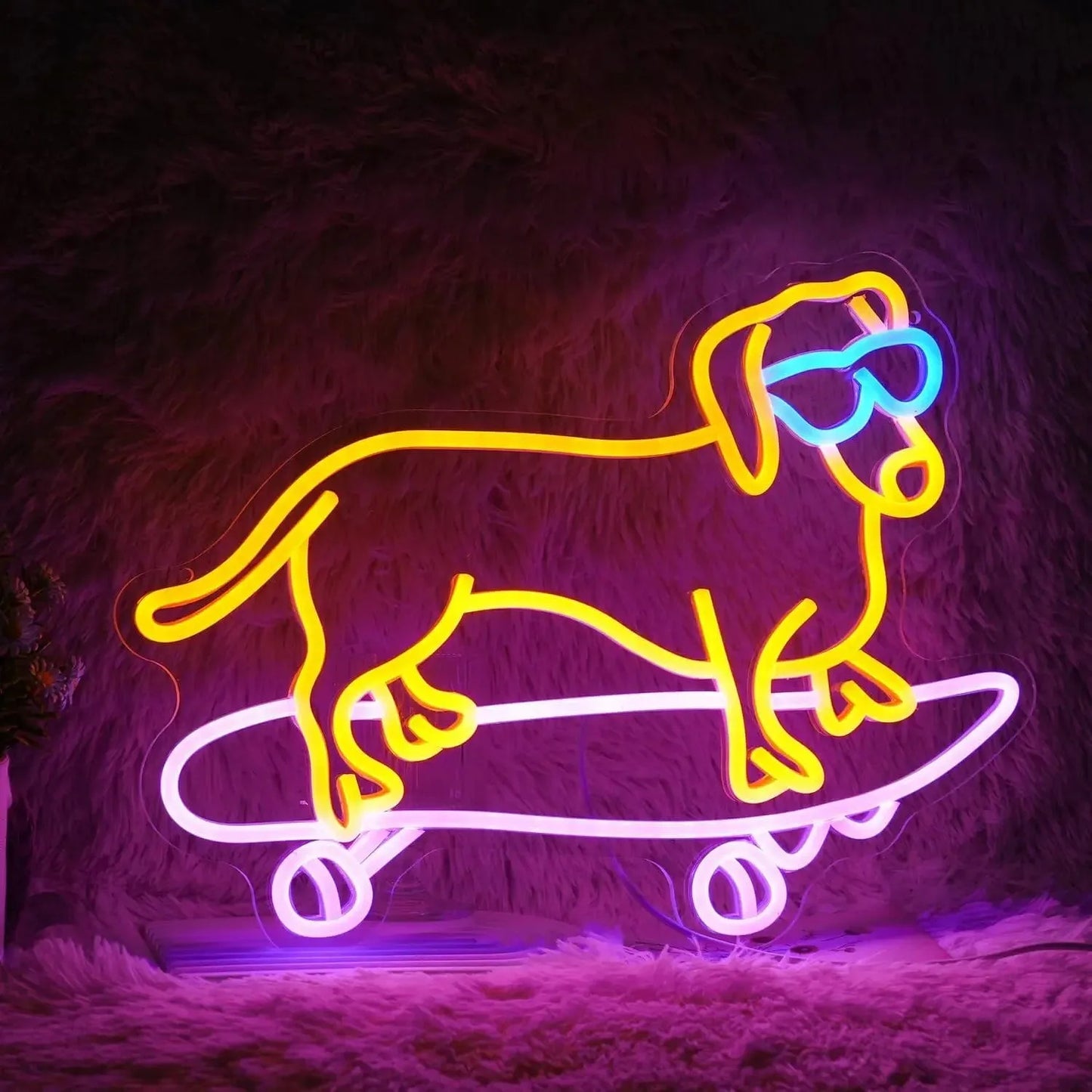 Christmas Dachshund Neon Sign Yellow Dachshund  with Skateboard The Doxie World