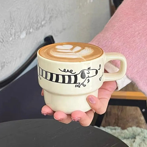 Dachshund Coffee Mugs Beige Strips / Mug and Coaster The Doxie World