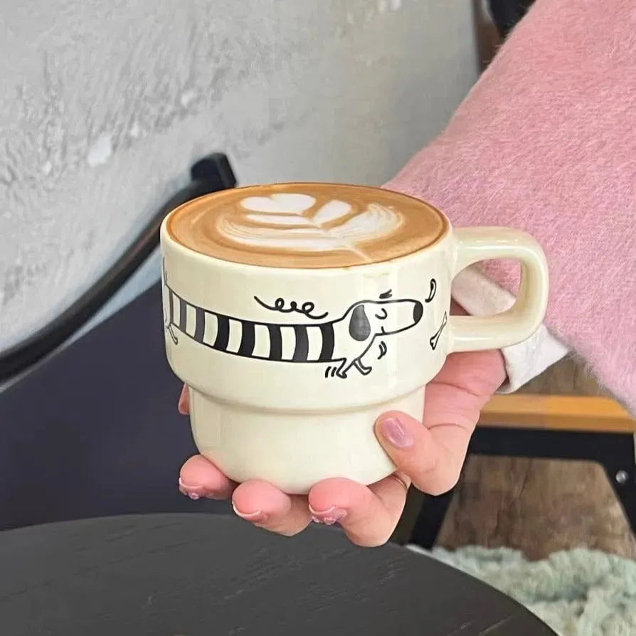 Dachshund Coffee Mugs Beige Strips / Mug and Coaster The Doxie World