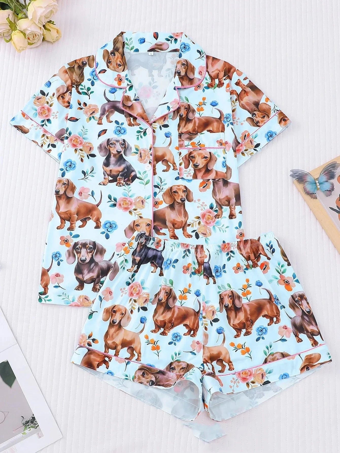 Floral Dachshund Pajamas Blue / S The Doxie World