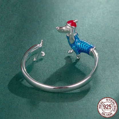 S925 Sterling Silver Christmas Sausage Dog Ring BSR721 E null