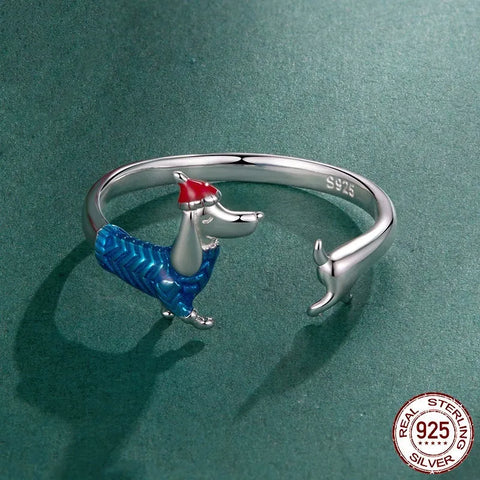 S925 Sterling Silver Christmas Sausage Dog Ring BSR721 E null