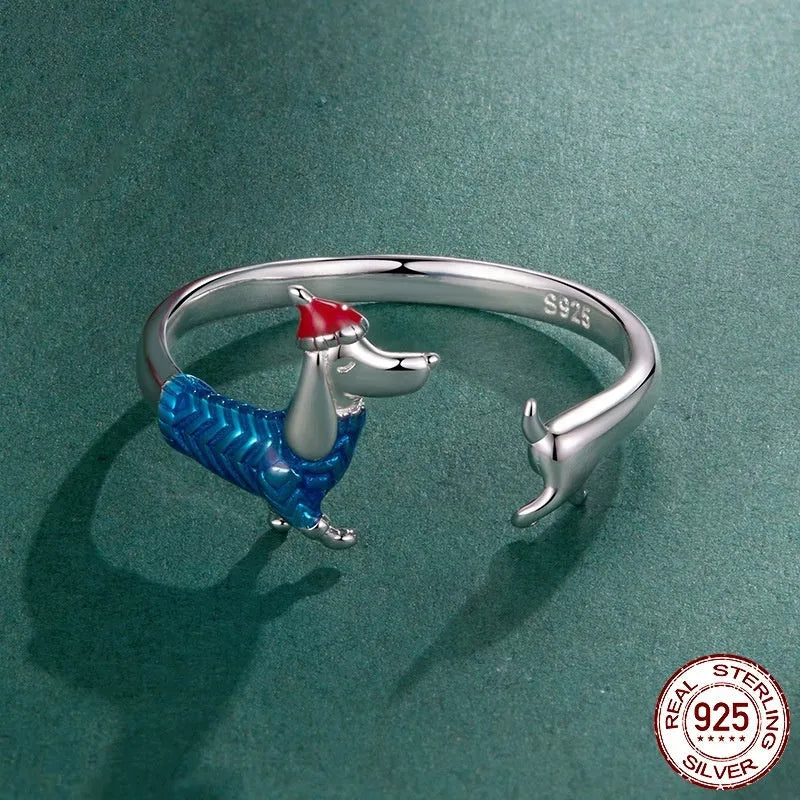 S925 Sterling Silver Christmas Sausage Dog Ring BSR721 E null
