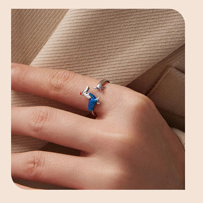 S925 Sterling Silver Christmas Sausage Dog Ring null